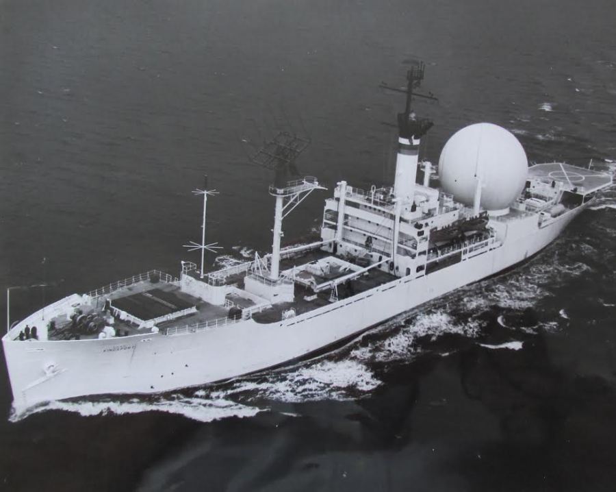 The USNS Kingsport. (T-AG-164). This ship began its career as the USNS Kingsport Victory (T-AK-239) which served as a cargo vessel during World War II., Reddel skippered when he supplied diesel oil to power plants at RADAR stations along the "Dew Line" in the far north protecting the U.S. from Soviet attack. Photo Provided  